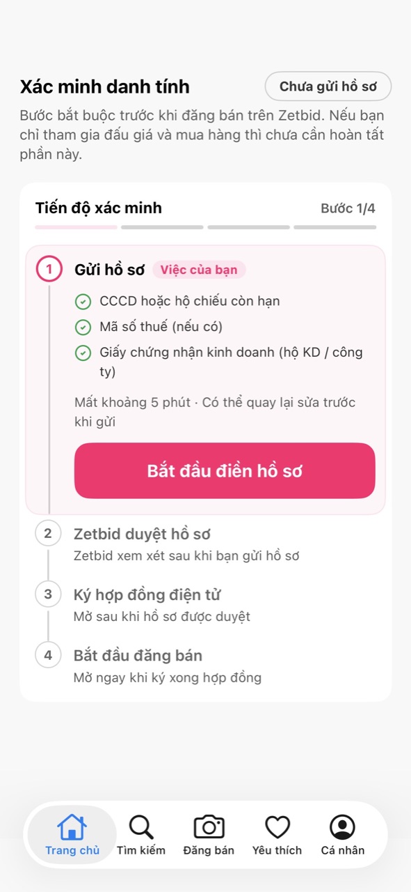 Màn Xác minh danh tính, mốc Gửi hồ sơ với nút Bắt đầu điền hồ sơ