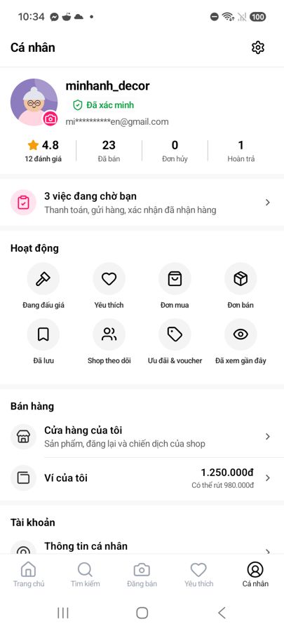 Tab Cá nhân, mục Đơn bán trong nhóm Hoạt động