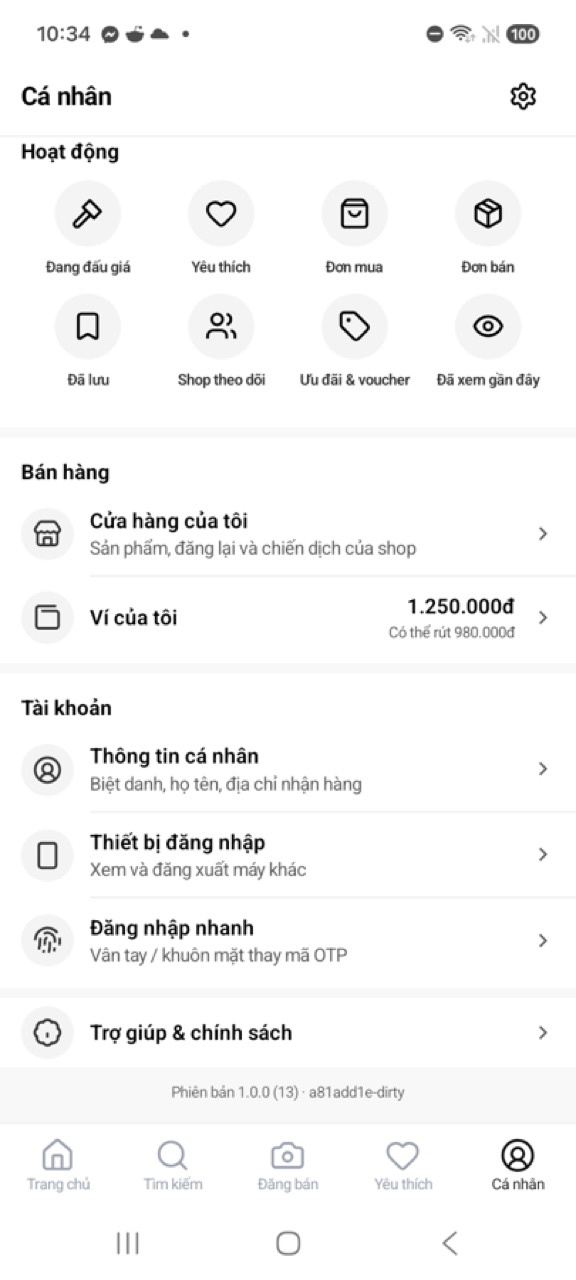 Tab Cá nhân, dòng Đăng nhập nhanh trong nhóm Tài khoản