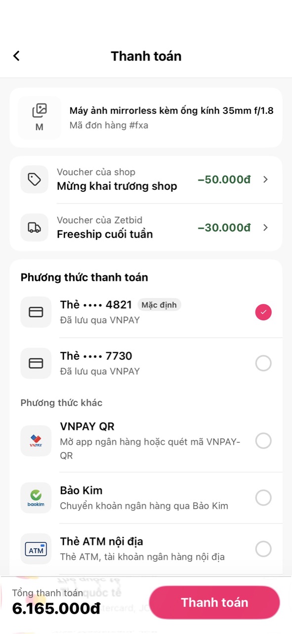 Màn Thanh toán: sản phẩm, voucher, phương thức thanh toán