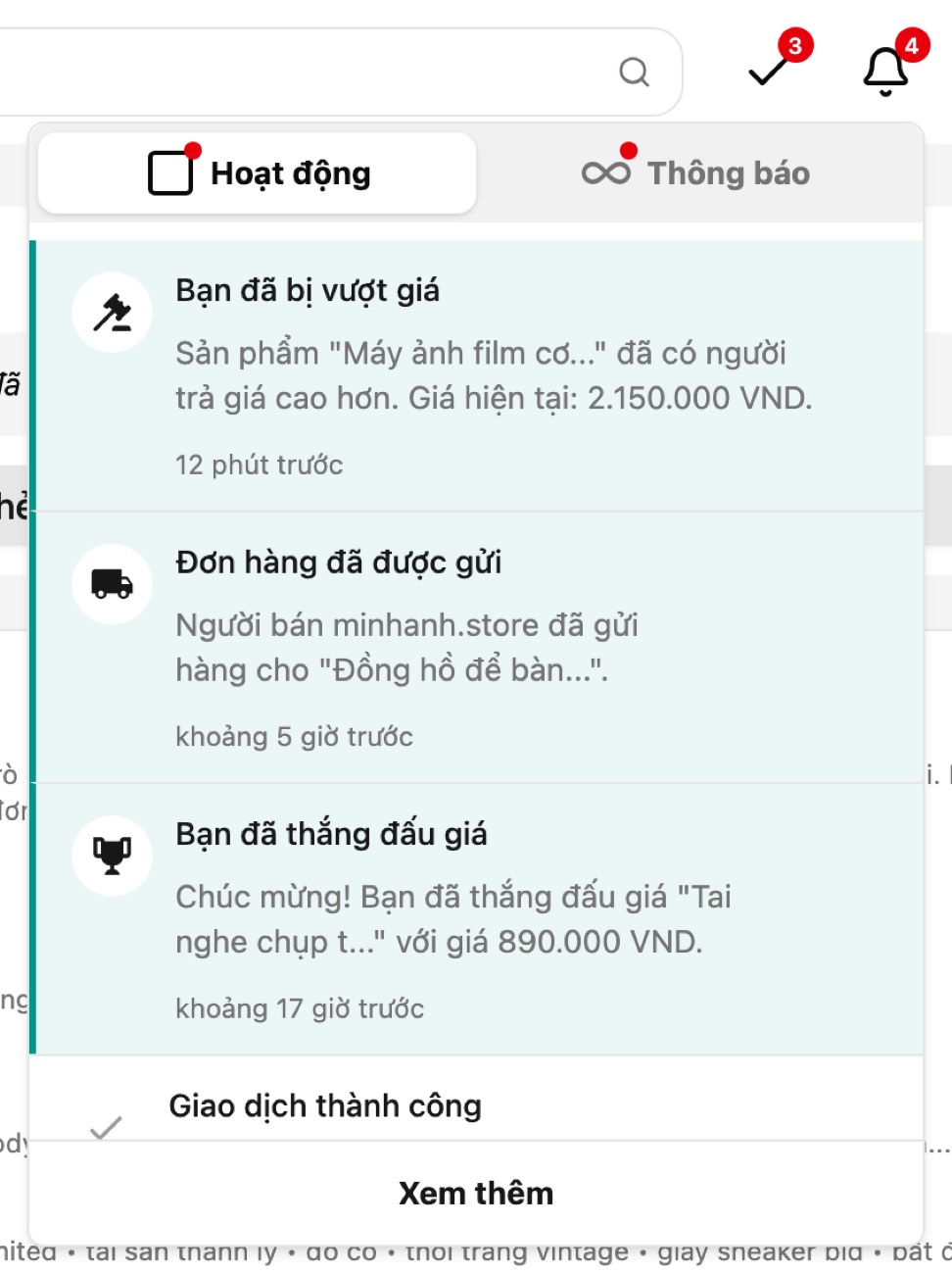 Bảng chuông thông báo: tab Hoạt động và Thông báo, thông báo chưa đọc có nền màu, nút Xem thêm