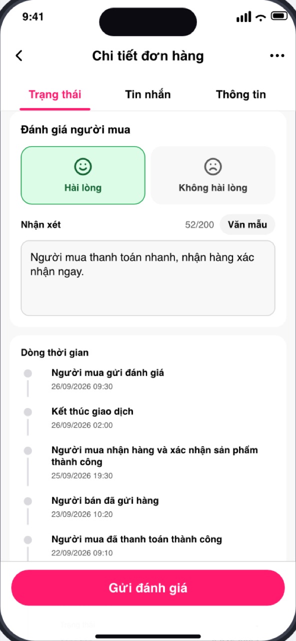 Thẻ Đánh giá người mua trong Chi tiết đơn hàng, nút Gửi đánh giá