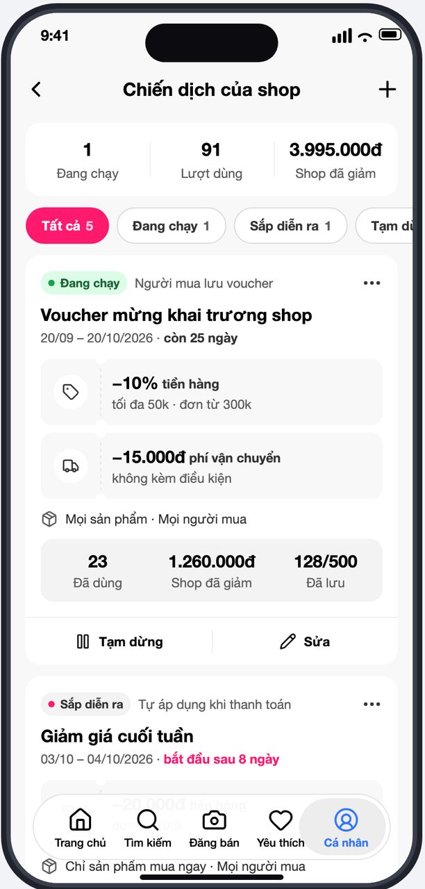 Màn Chiến dịch của shop với dải số liệu và thẻ chiến dịch