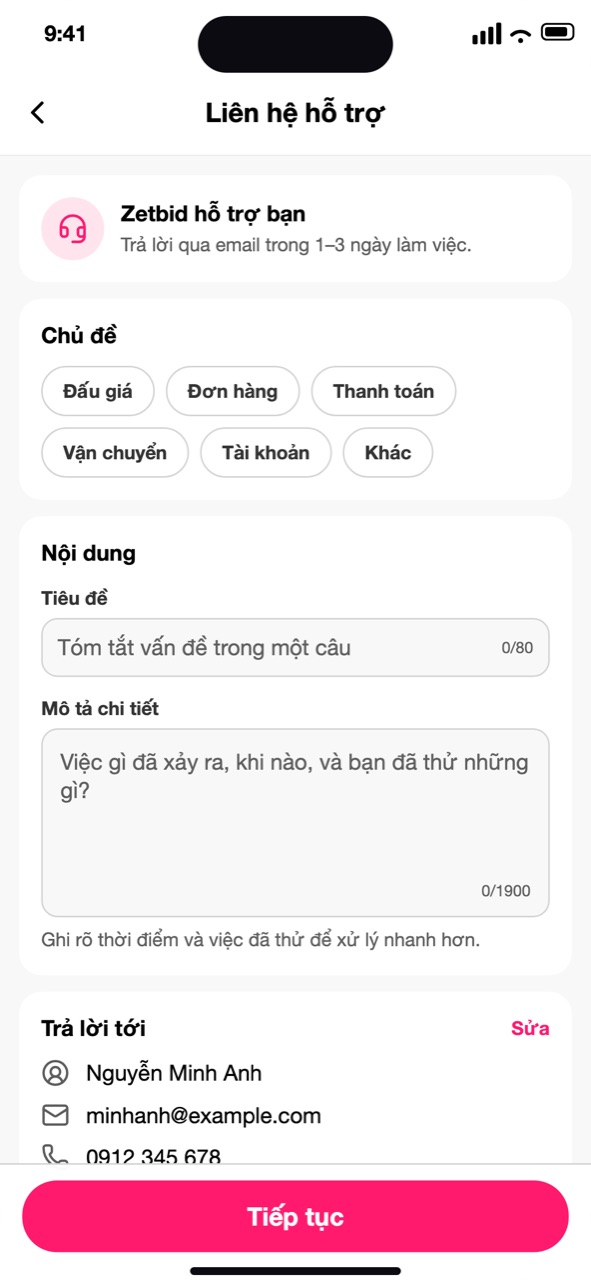 Form Liên hệ hỗ trợ: Chủ đề, Nội dung, Trả lời tới