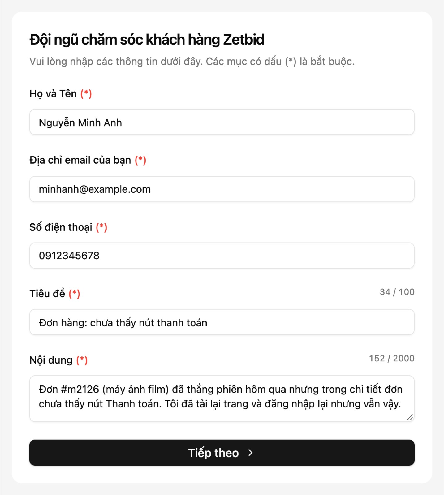 Form Đội ngũ chăm sóc khách hàng Zetbid