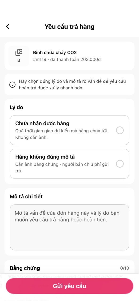 Màn Yêu cầu trả hàng: chọn lý do, mô tả, bằng chứng