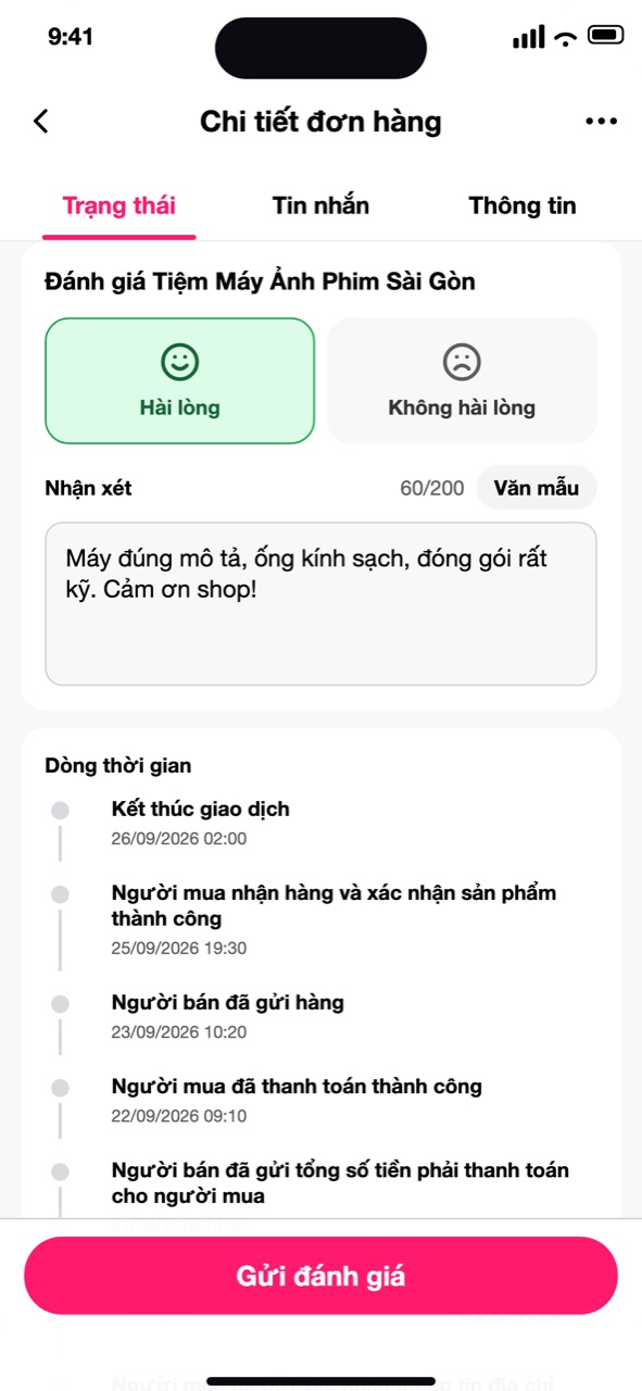 Thẻ đánh giá trong tab Trạng thái của Chi tiết đơn