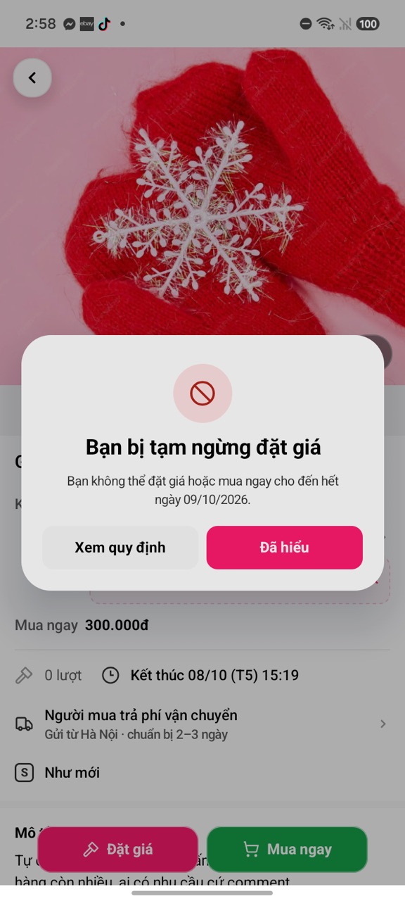 Hộp Bạn bị tạm ngừng đặt giá sau khi bấm xác nhận đặt giá