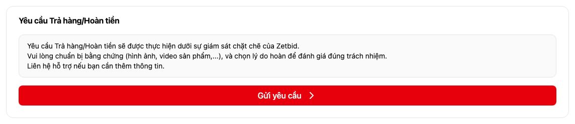 Khung Yêu cầu Trả hàng/Hoàn tiền ở tab Thông tin, nút Gửi yêu cầu