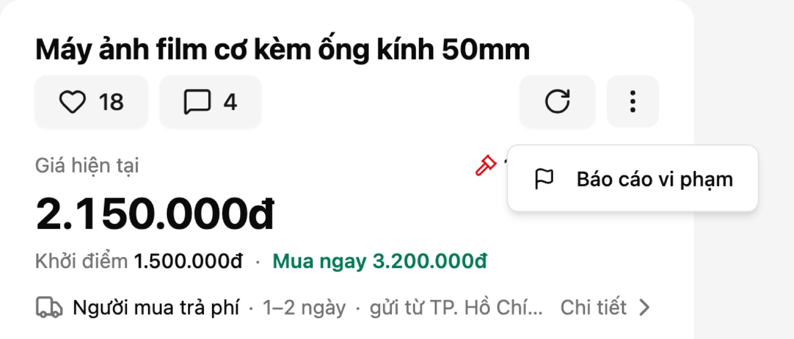 Nút ⋮ trên trang sản phẩm, mục Báo cáo vi phạm