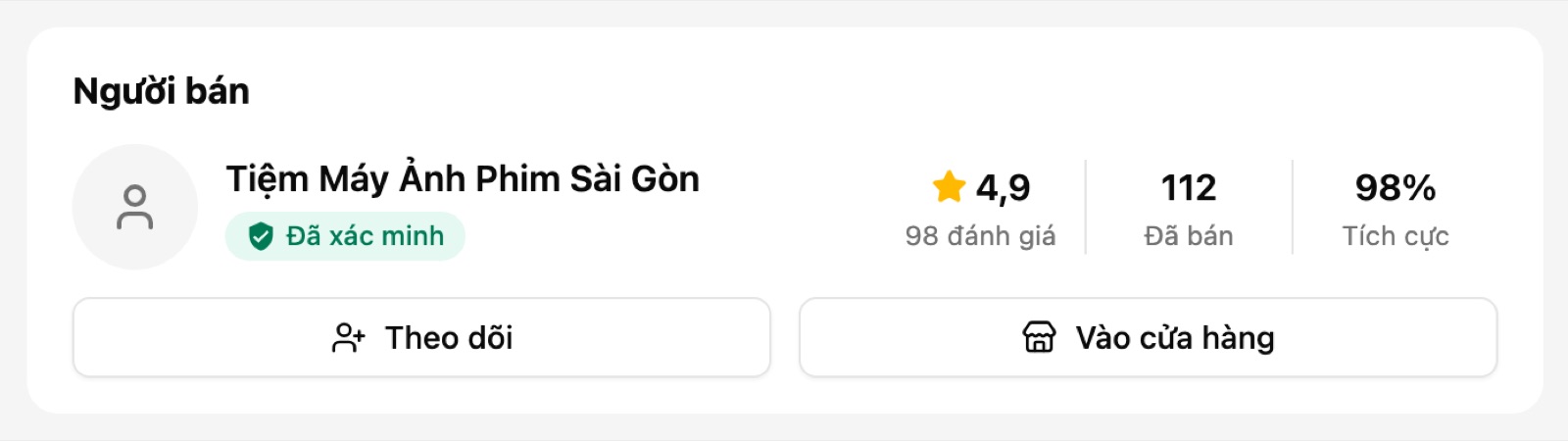 Khối Người bán trên trang sản phẩm: nhãn Đã xác minh, điểm đánh giá, số đã bán, tỉ lệ tích cực