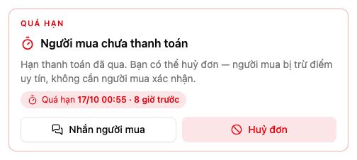 Thẻ QUÁ HẠN · Người mua chưa thanh toán với nút Nhắn người mua và Huỷ đơn