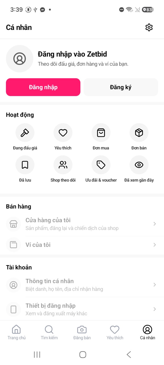 Tab Cá nhân khi chưa đăng nhập, có nút Đăng nhập và Đăng ký
