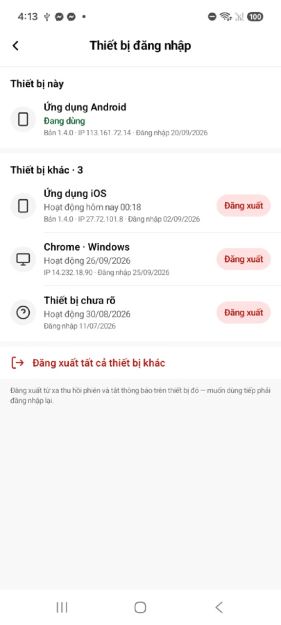 Màn Thiết bị đăng nhập: Thiết bị này, Thiết bị khác, Đăng xuất tất cả thiết bị khác