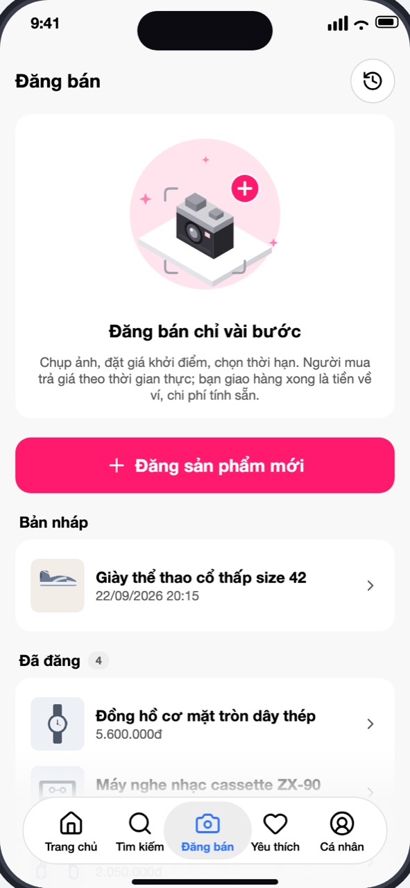 Tab Đăng bán với nút Đăng sản phẩm mới, Bản nháp và Đã đăng