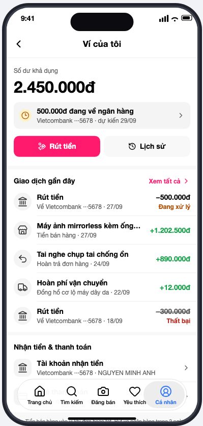 Màn Ví của tôi: số dư khả dụng, ô tiền đang về ngân hàng, nút Rút tiền và Lịch sử, giao dịch gần đây