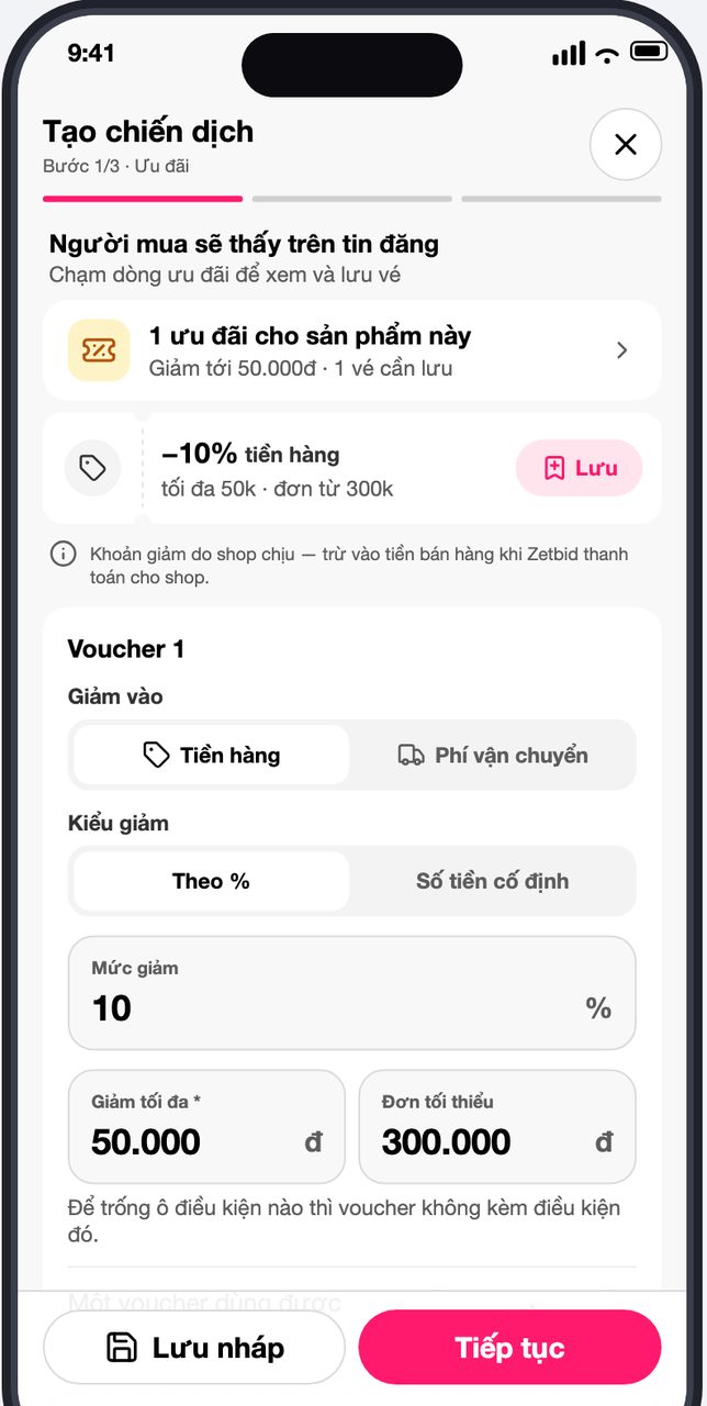 Bước 1 Ưu đãi: xem trước voucher và các ô mức giảm