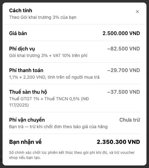 Hộp Cách tính có dòng Thuế sàn thu hộ: Thuế GTGT 1% + Thuế TNCN 0,5% (NĐ 117/2025)