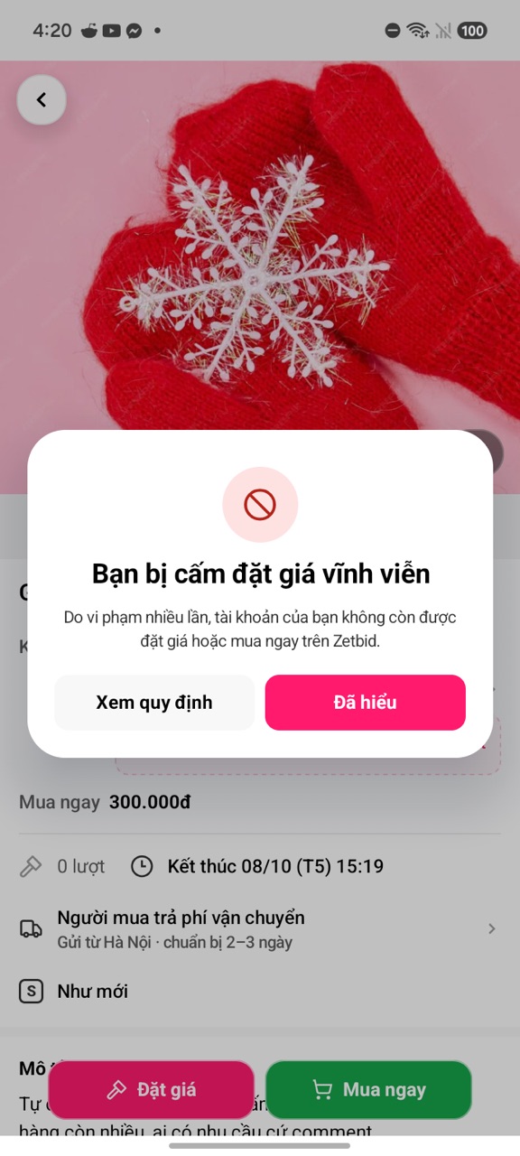 Hộp Bạn bị cấm đặt giá vĩnh viễn khi bấm Mua ngay