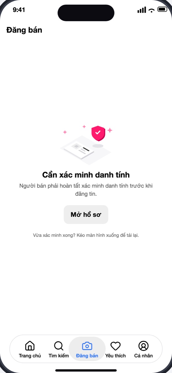 Tab Đăng bán khi chưa xác minh danh tính, nút Mở hồ sơ