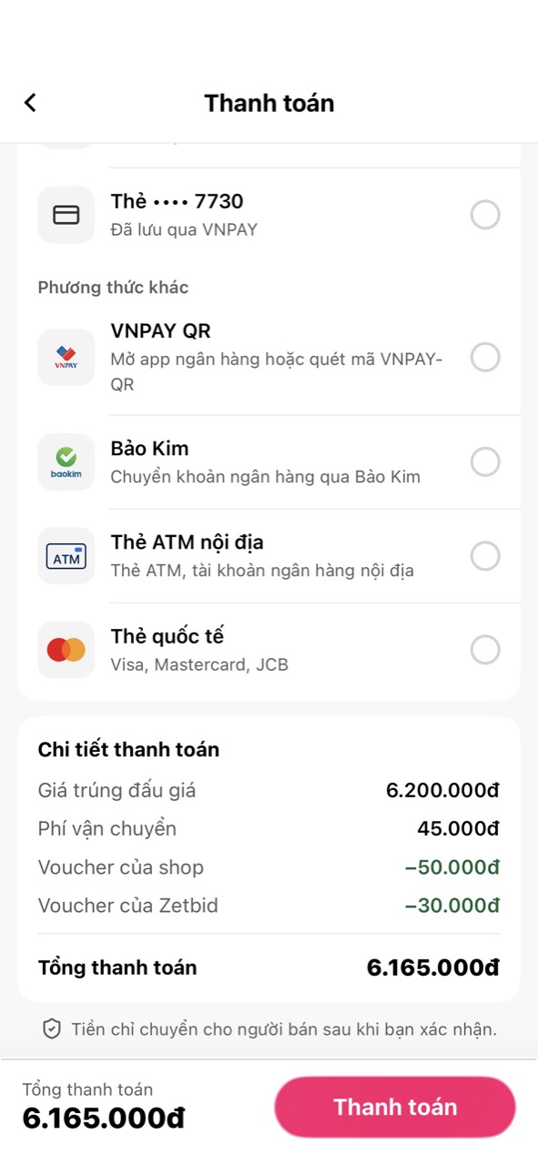Thẻ Chi tiết thanh toán và thanh Tổng thanh toán