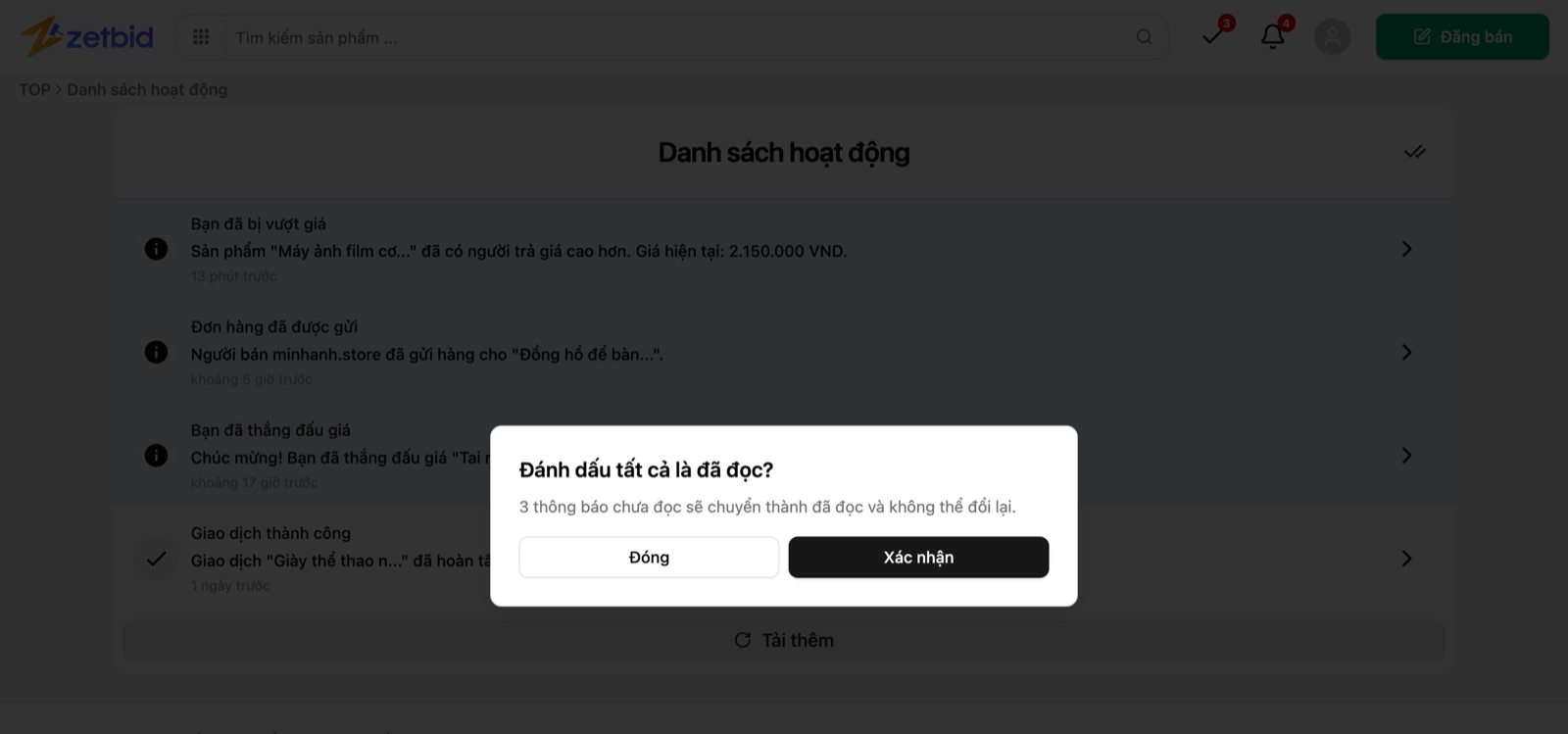 Trang Danh sách hoạt động với hộp Đánh dấu tất cả là đã đọc?