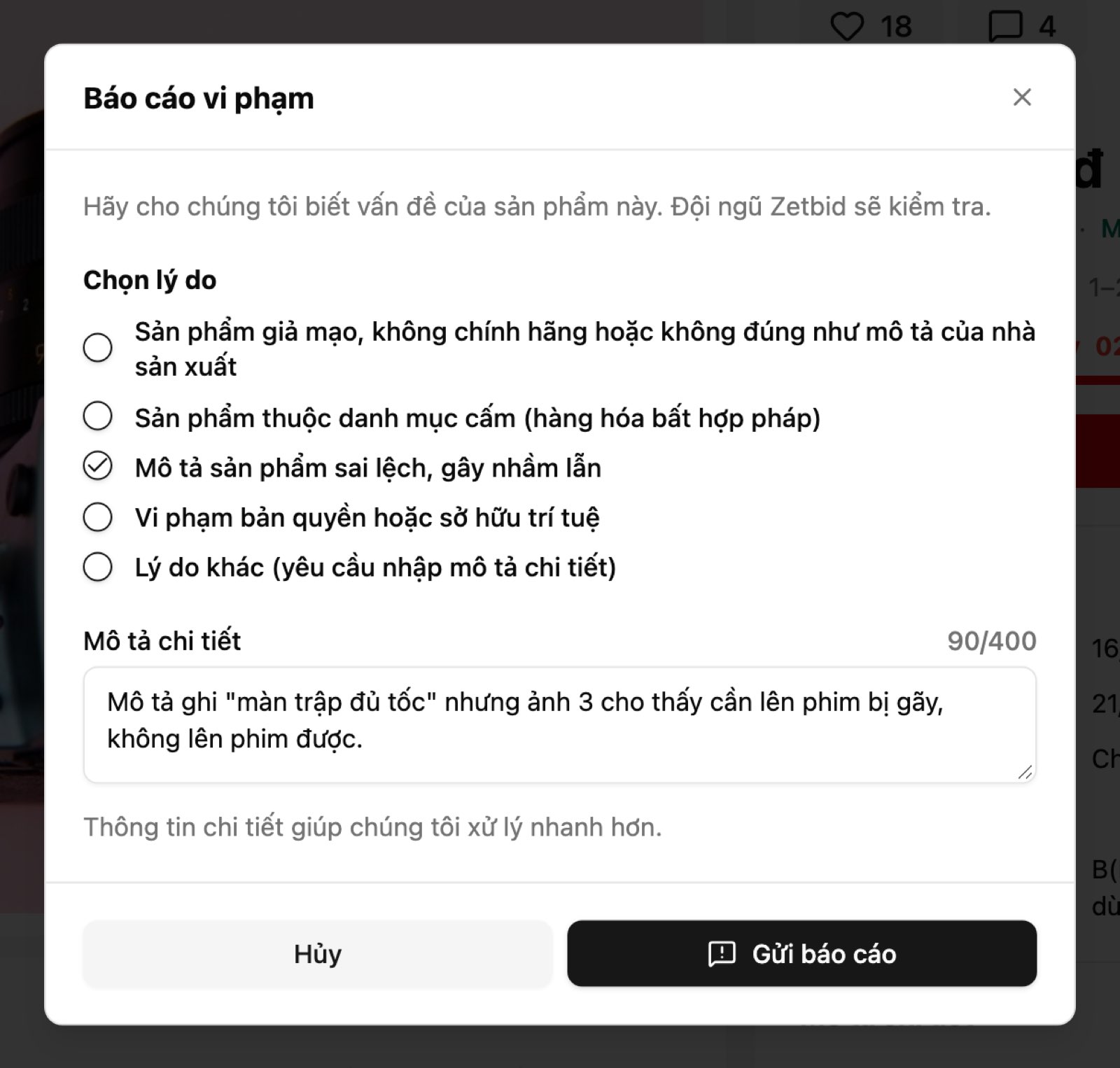 Hộp thoại Báo cáo vi phạm: chọn lý do, mô tả chi tiết