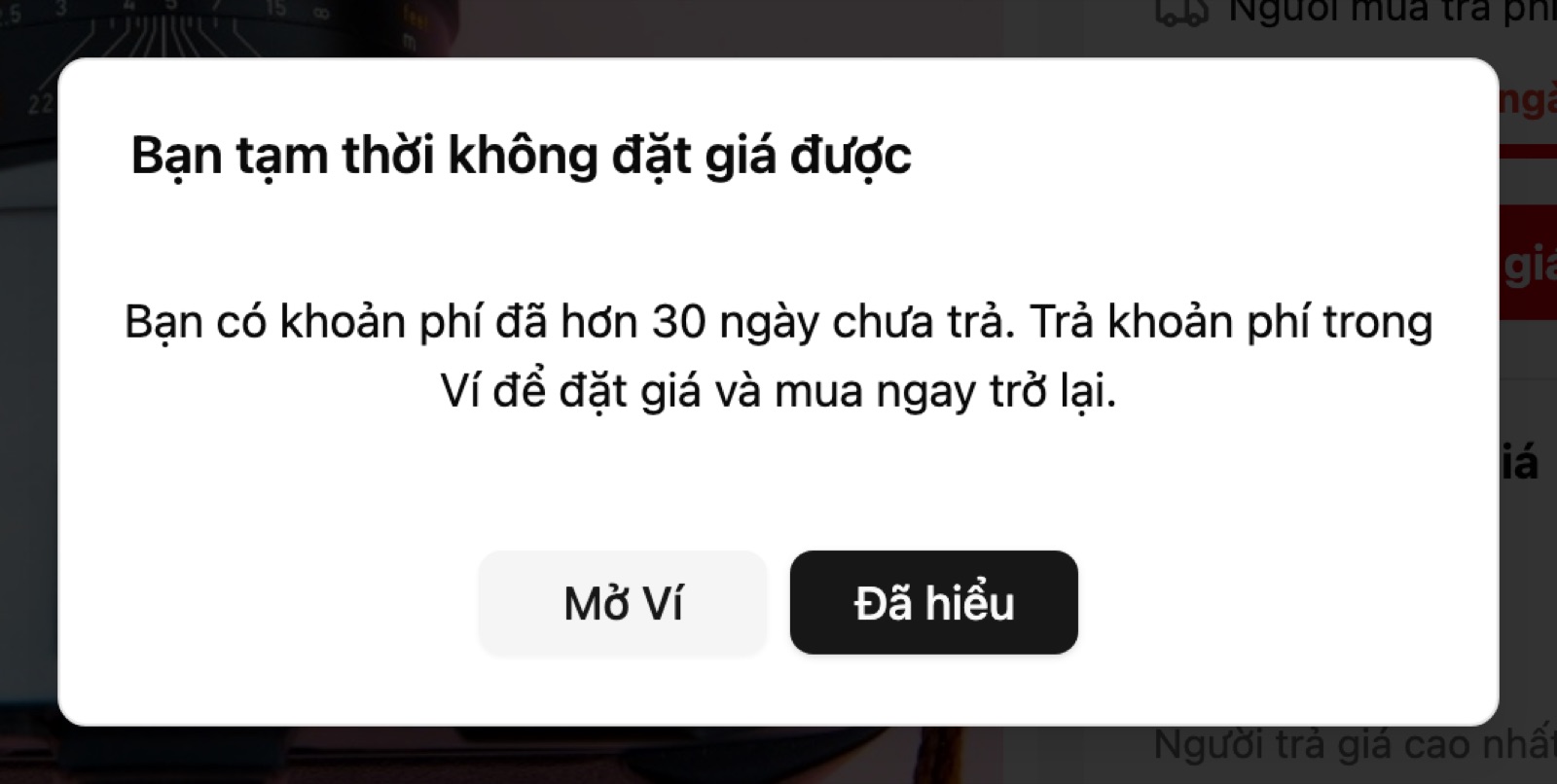 Hạn chế do khoản phí chưa trả: nút Mở Ví thay cho Xem quy định