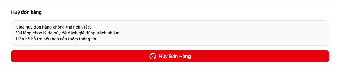 Tab Thông tin: khung Huỷ đơn hàng với nút Hủy Đơn Hàng