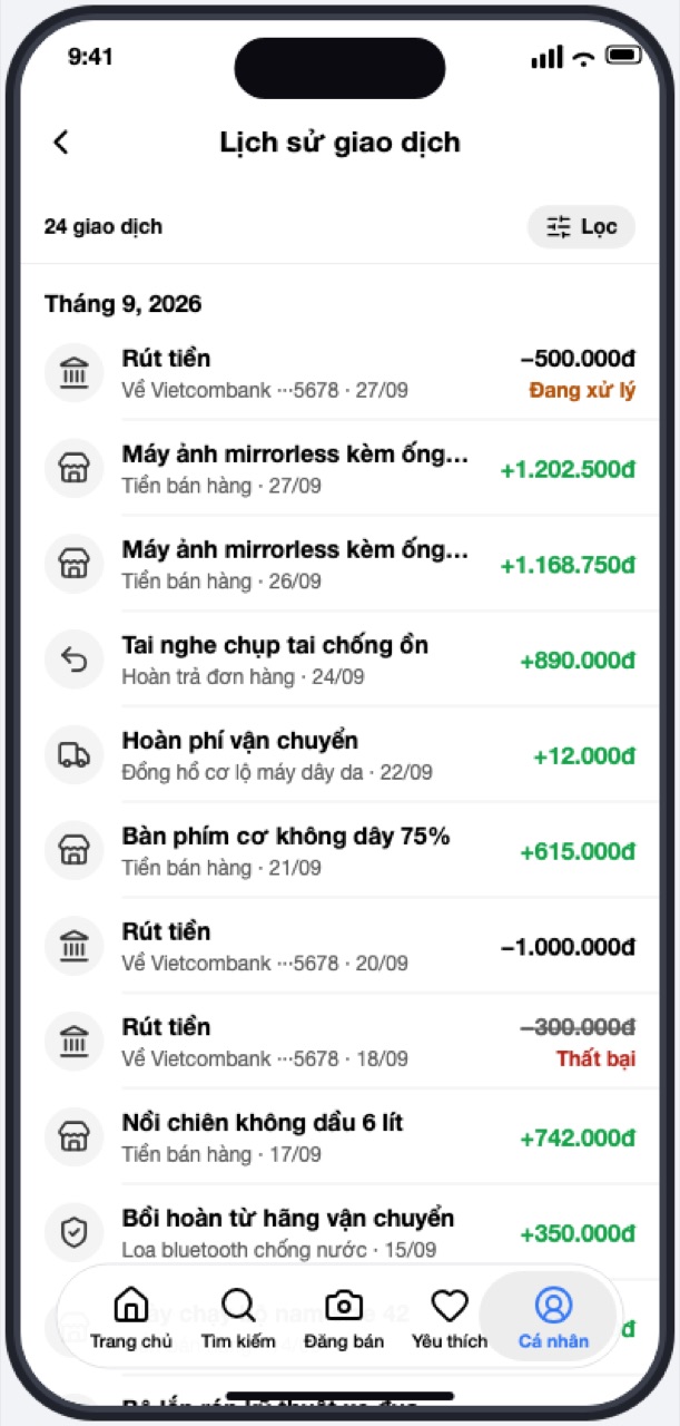 Màn Lịch sử giao dịch chia theo tháng
