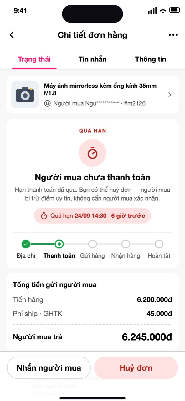 Người bán: thẻ Người mua chưa thanh toán, nút Nhắn người mua và Huỷ đơn