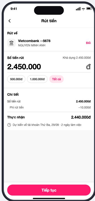 Màn Rút tiền: tài khoản nhận, số tiền rút, chi tiết phí và thực nhận