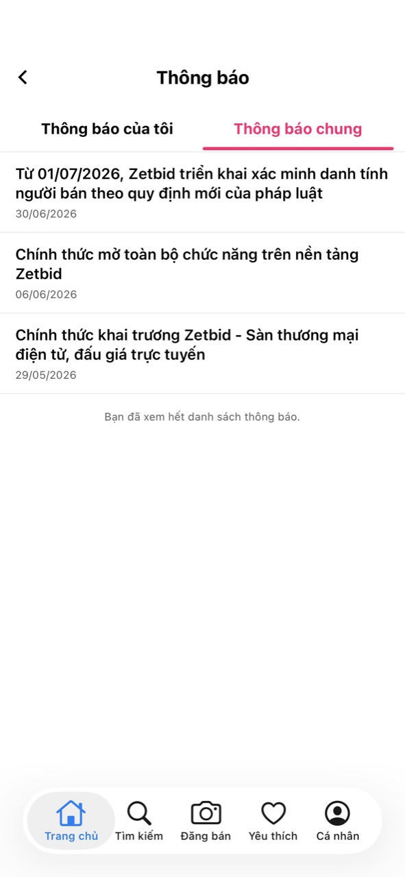 Tab Thông báo chung: tin Zetbid gửi mọi người