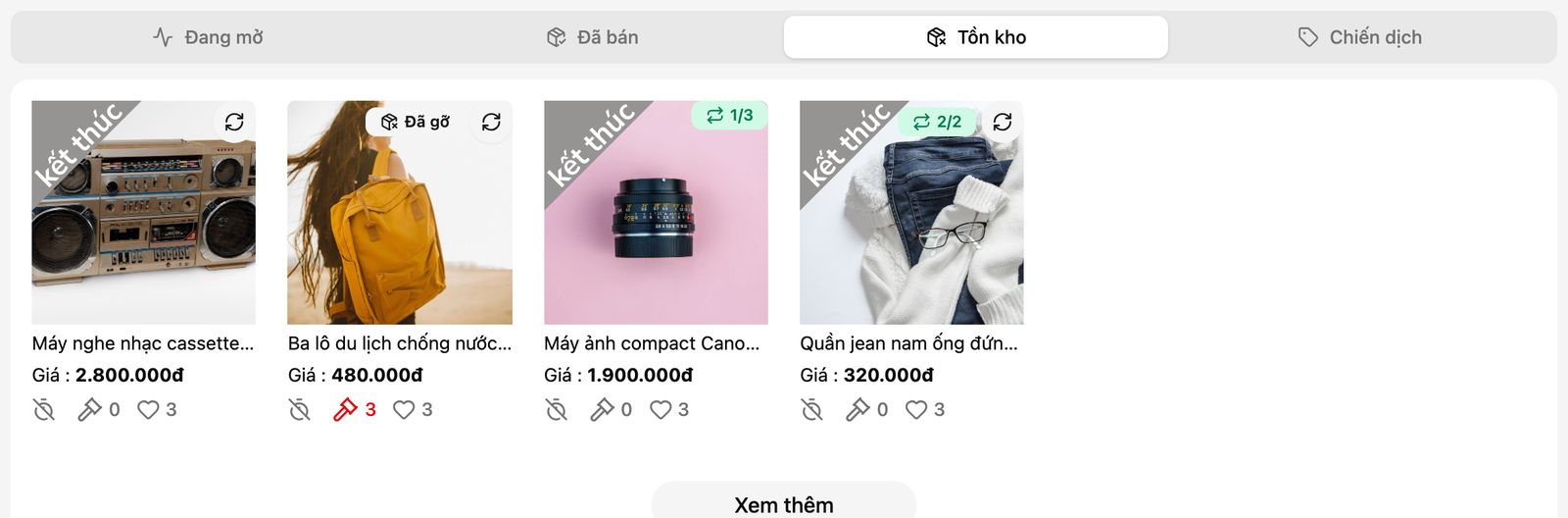 Tab Tồn kho: tin Không bán được và Đã gỡ có nút đăng lại, tin còn lượt tự động đăng lại có viên n/m
