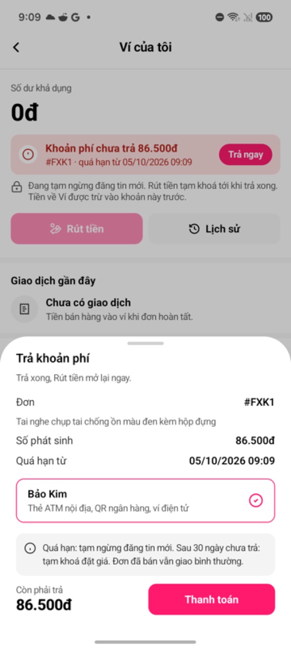 Bảng Trả khoản phí: đơn, số phát sinh, Bảo Kim, nút Thanh toán