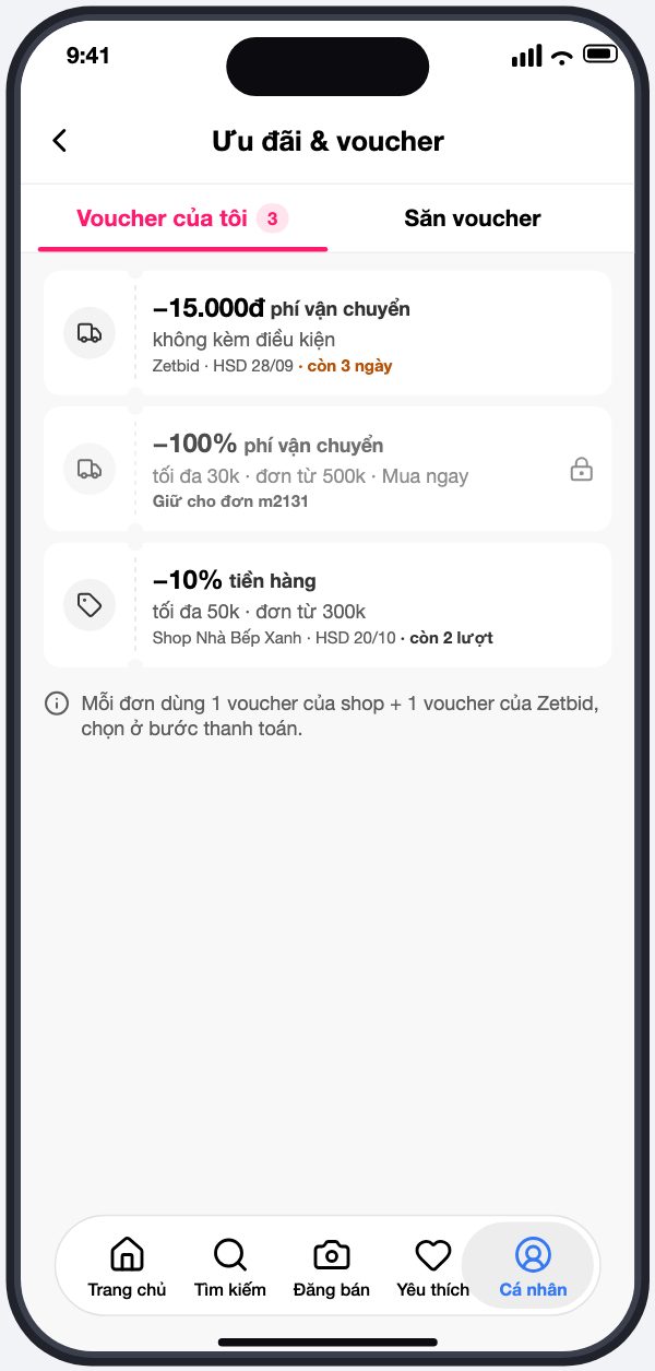 Trang Ưu đãi và voucher, tab Voucher của tôi