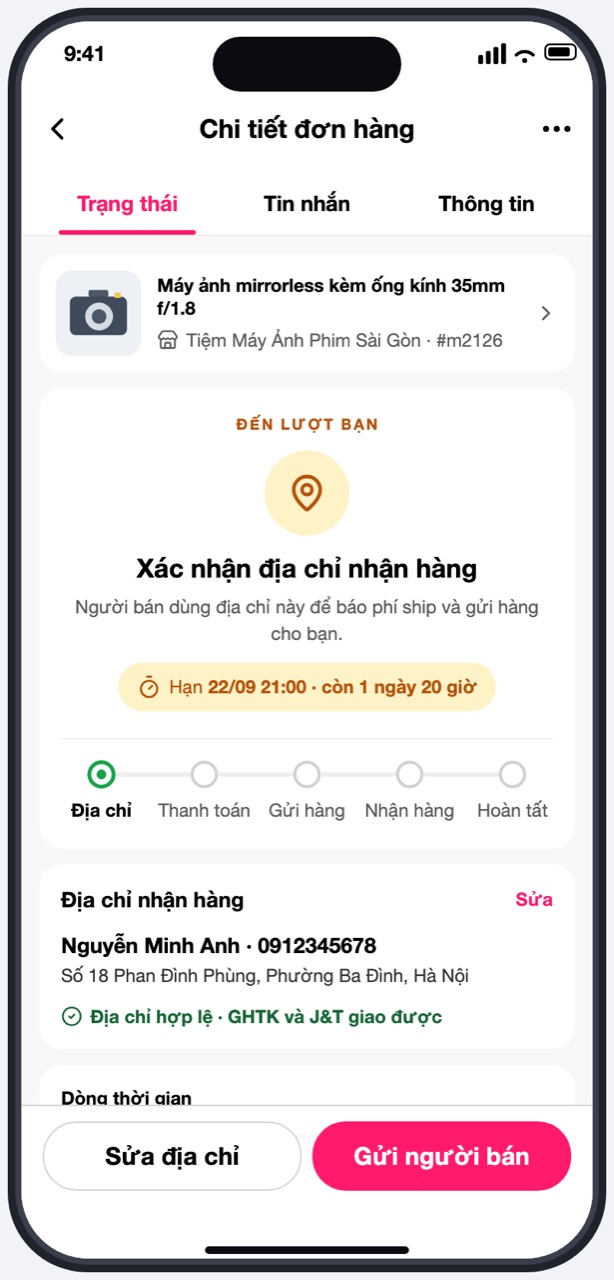 Thẻ Xác nhận địa chỉ nhận hàng với nút Gửi người bán