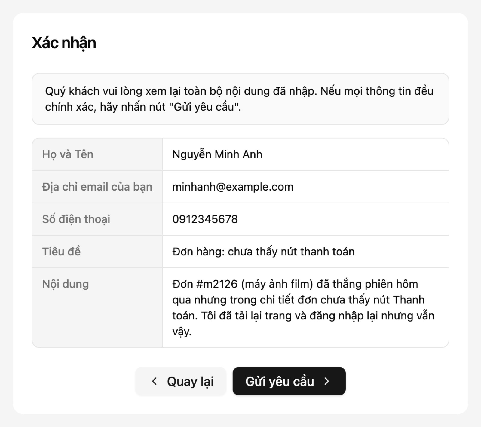Màn Xác nhận nội dung trước khi gửi