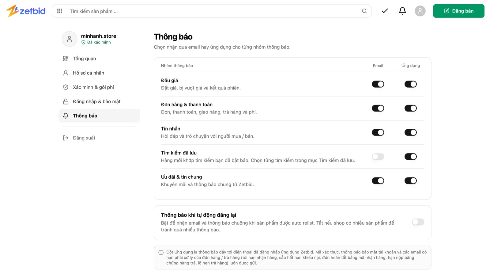 Cài đặt thông báo trên trang web: 5 nhóm, cột Email và Ứng dụng, công tắc Thông báo khi tự động đăng lại