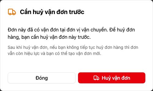 Hộp Cần huỷ vận đơn trước với nút Huỷ vận đơn
