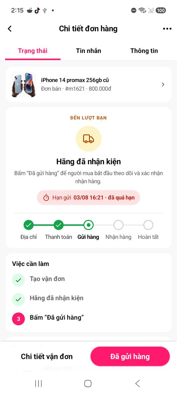 Chi tiết đơn hàng, tab Trạng thái