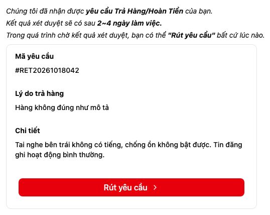 Tab Trạng thái sau khi gửi yêu cầu: chờ người bán, nút Rút yêu cầu
