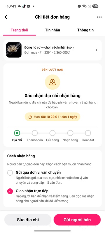 Thẻ Cách nhận hàng của đơn người bán tự giao
