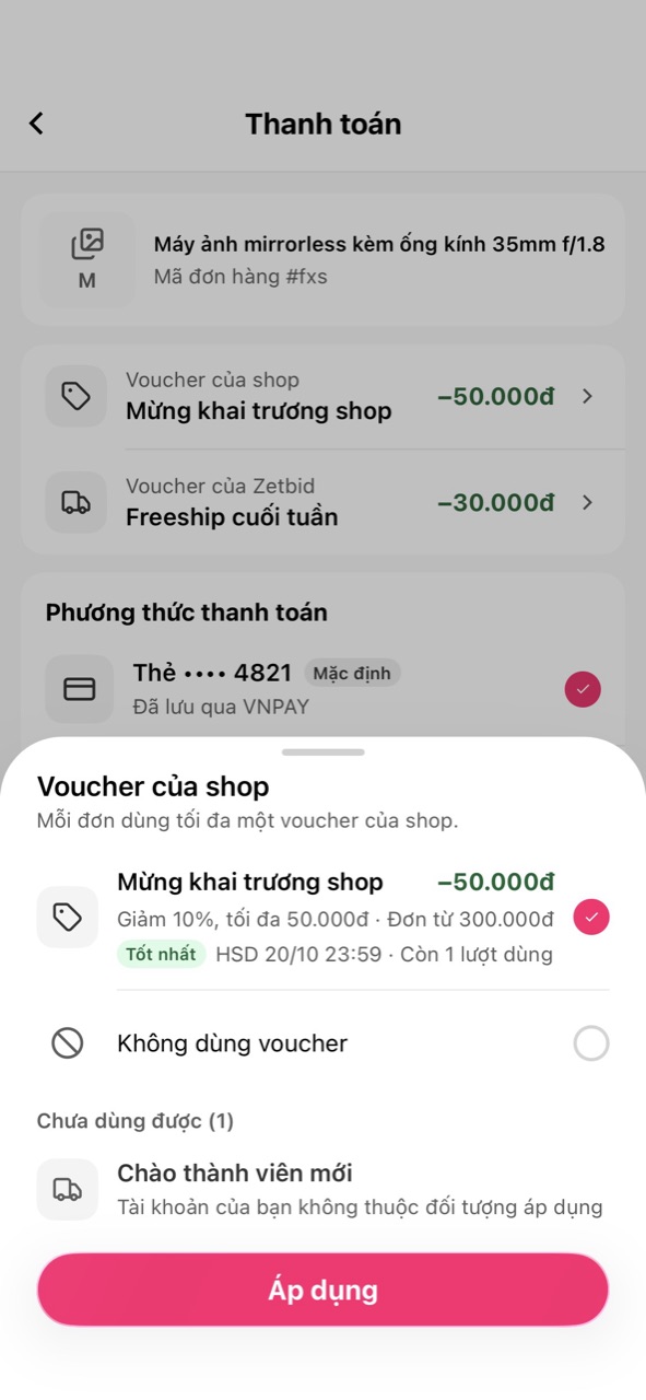 Bảng chọn Voucher của shop
