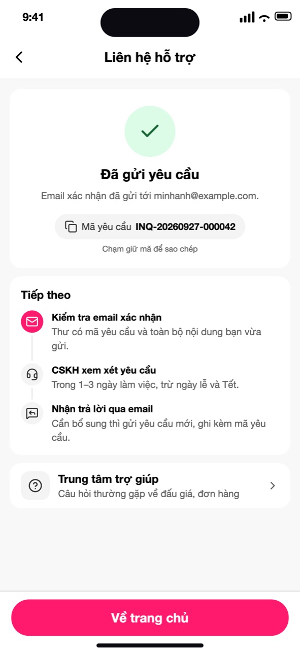 Màn Đã gửi yêu cầu, Mã yêu cầu và các bước tiếp theo