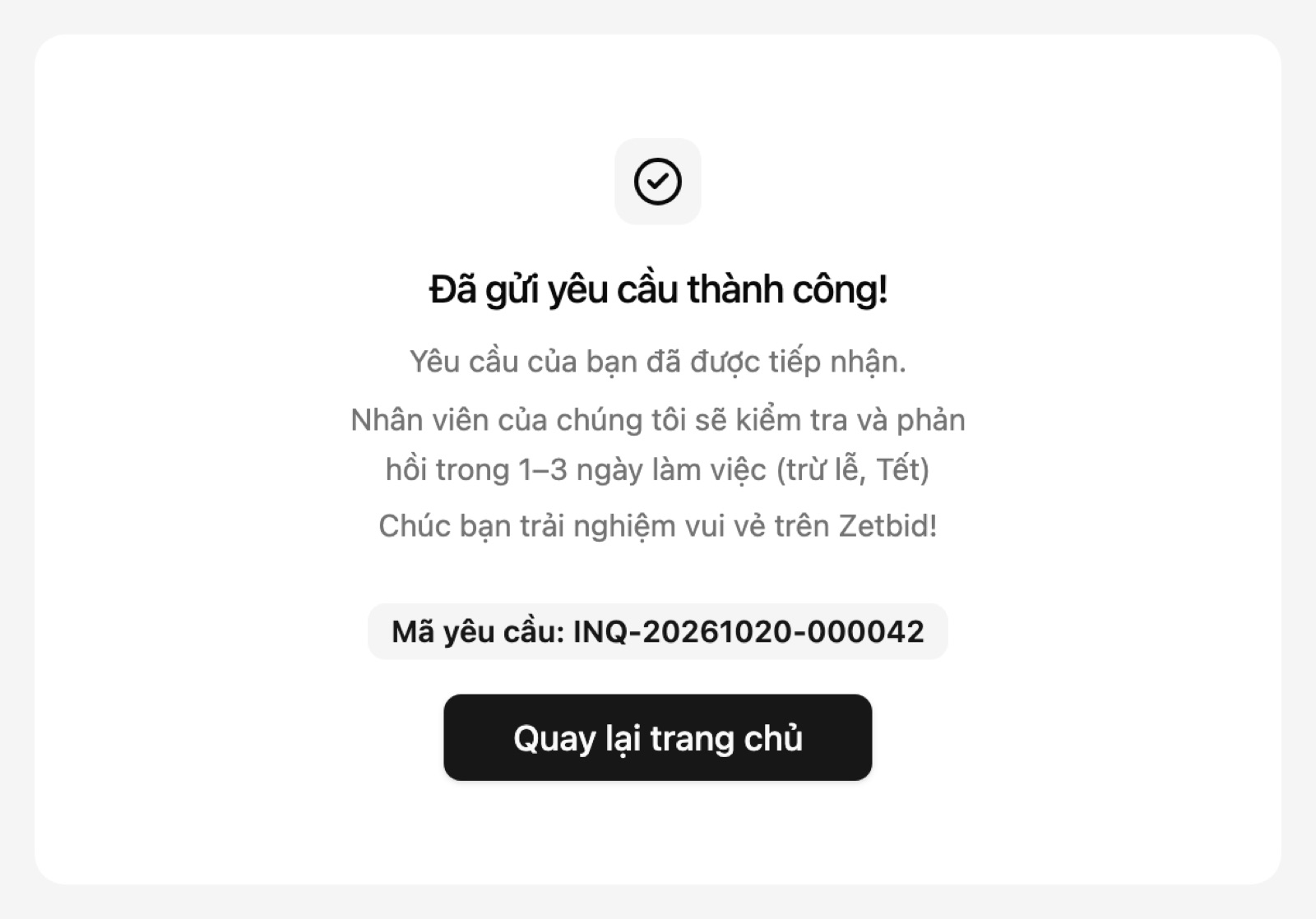 Đã gửi yêu cầu thành công, kèm Mã yêu cầu