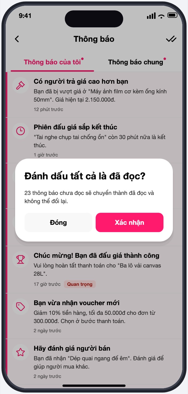 Hộp Đánh dấu tất cả là đã đọc? với nút Đóng và Xác nhận