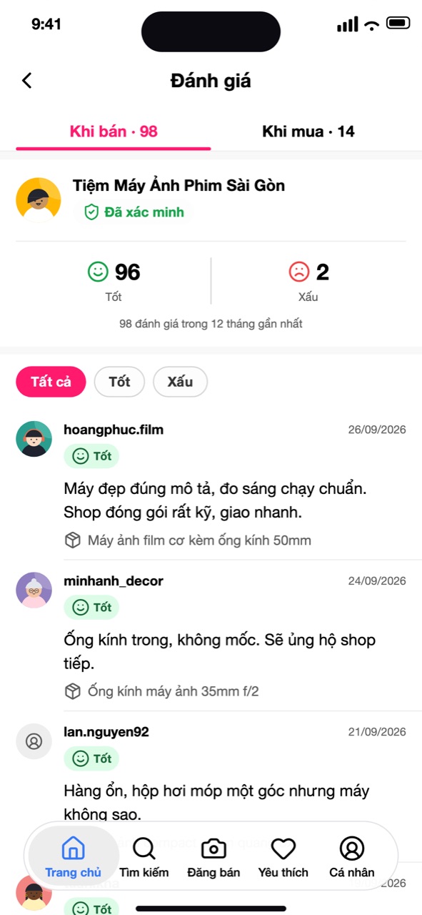 Màn Đánh giá của một cửa hàng, tab Khi bán