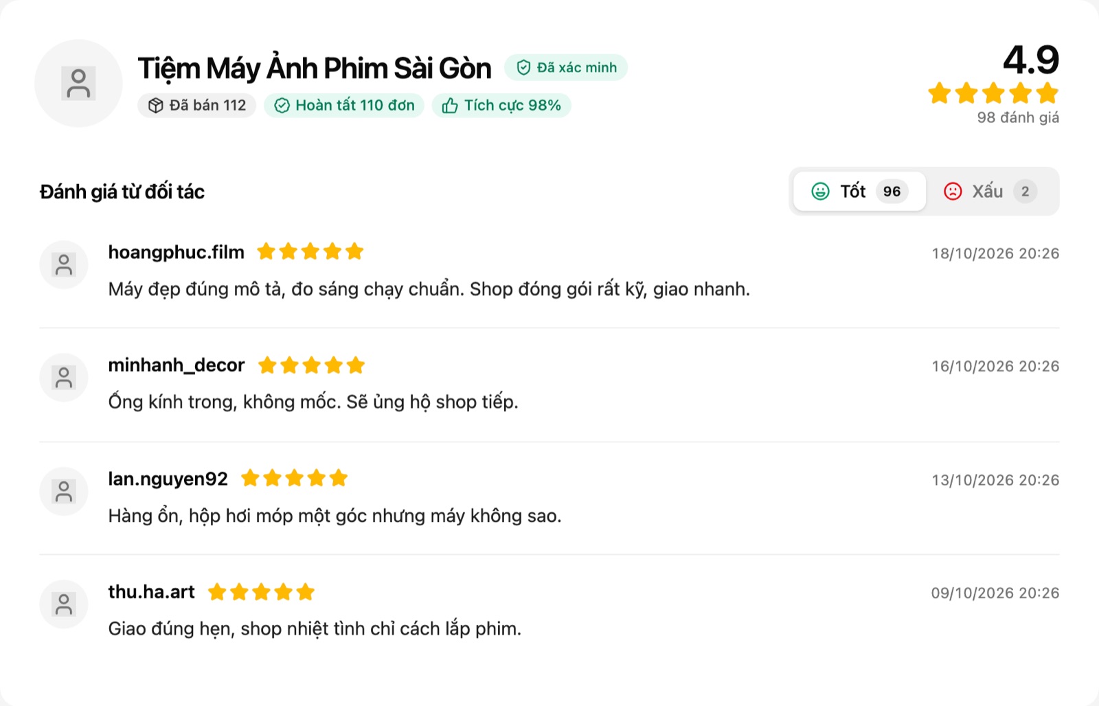 Trang Đánh giá từ đối tác, tab Tốt