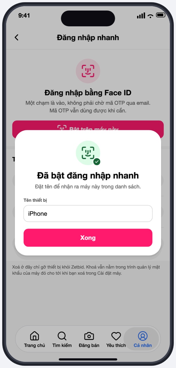 Bảng Đã bật đăng nhập nhanh với ô Tên thiết bị